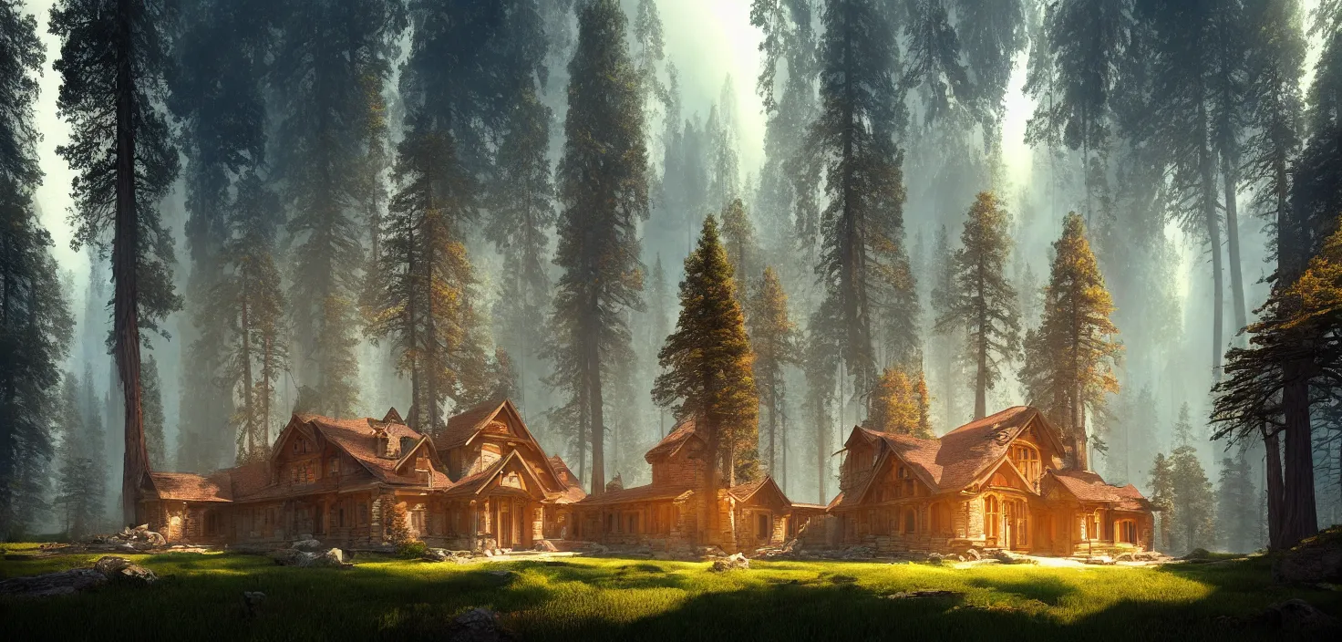 Image similar to random mystic house in sequoia forest incredible, vector art, octane render, fabulous, hyper detailed, random cinematic view, no noise, global illumination, warm lighting, volumetric, godrays, vivid, beautiful, by jordan grimmer