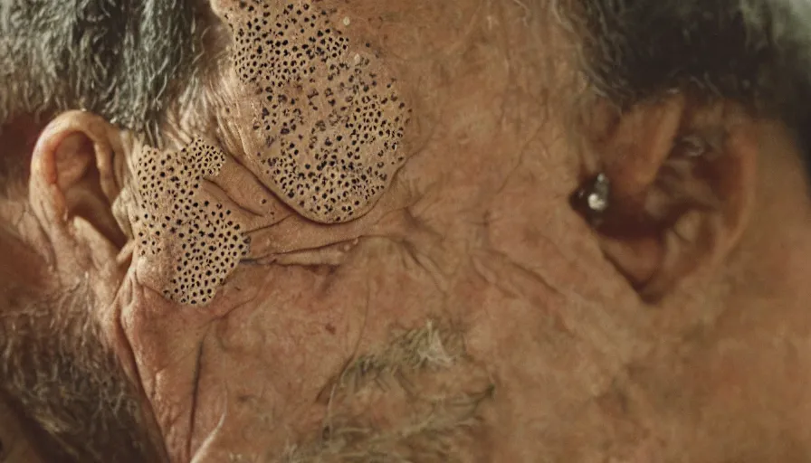 Prompt: 9 0 s movie still of a old man with trypophobia teeth, cinestill 8 0 0 t 3 5 mm, heavy grain, high quality, high detail