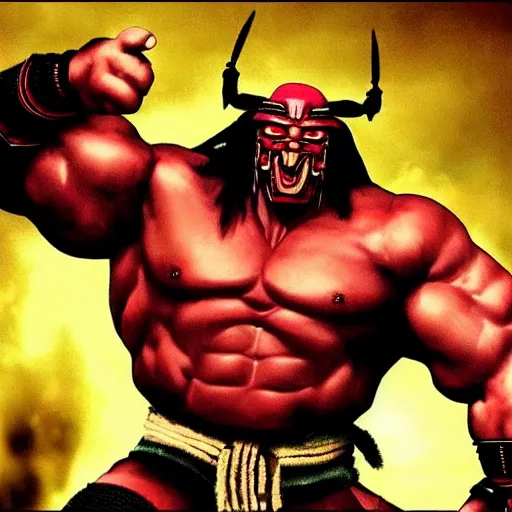 Prompt: very big, very buff, very strong, very muscular huge samurai wearing a oni mask. Cybernetic, cyberpunk, cyber cyber cyberpunk, cyber. movie still hd