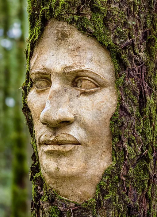 Image similar to photograph of hyperrealistic detailed ancient face in a tree covered with thick bark and moss