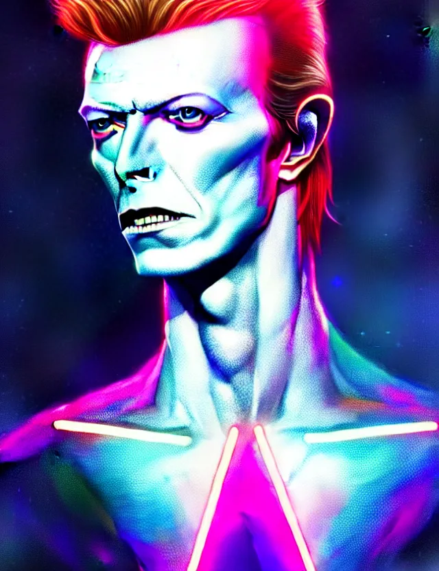 Prompt: portrait of david bowie, intricate, perfect anatomy, neon lighting, highly detailed, digital photography, artstation, stylish pose, concept art, smooth, sharp focus, illustration, art by artgerm and greg rutkowski