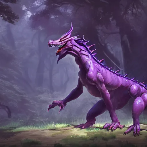 Image similar to concept art painting of an anthropomorphic purple humanoid bipedal dragon, in the deep forest, realistic, detailed, cel shaded, in the style of makoto shinkai and greg rutkowski and james gurney