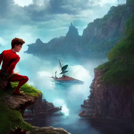 Prompt: Tom Holland as peter pan,looking over the horizon,river in front of him,detailed, 8k hd,by rossdraws and greg rutkowski,in the style of a Instagram profile picture