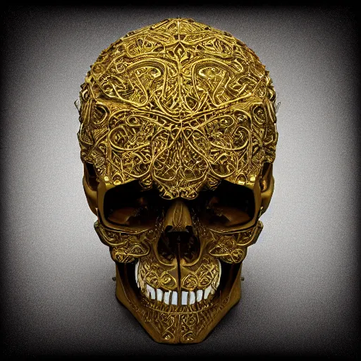 Prompt: human skull ornated, filigree, patina, gold, ornaments, 3 d design for tattoo, hyper maximalist, elegant, ornate, luxury, elite, symmetrical, unreal engine, 3 d design