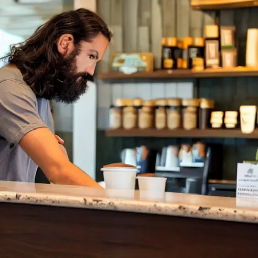 Image similar to jesus working at starbucks behind the counter