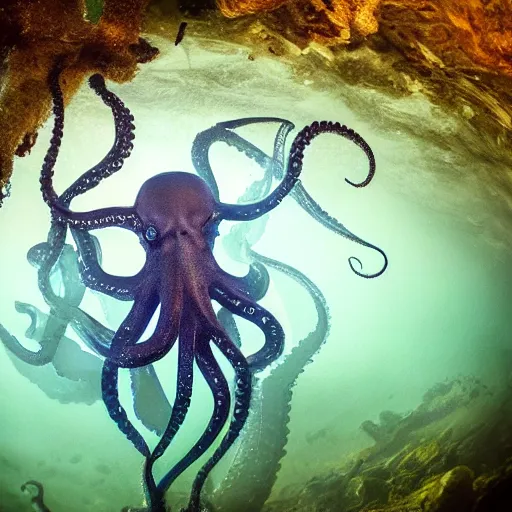 Image similar to an octopus made out of decaying human skeleton, beautiful underwater nature photograph with dynamic lighting and murky water