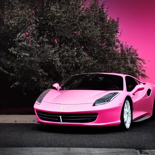 Prompt: a photograph of a pink ferrari parked in a parking spot at night with the lights on