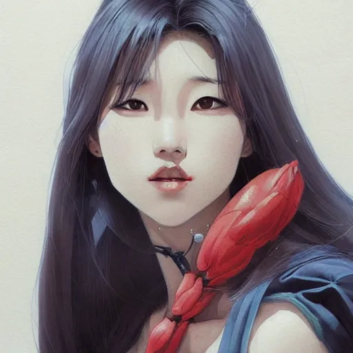 Prompt: Lee Jin-Eun by Jesper Ejsing, rule of thirds, seductive look, beautiful,