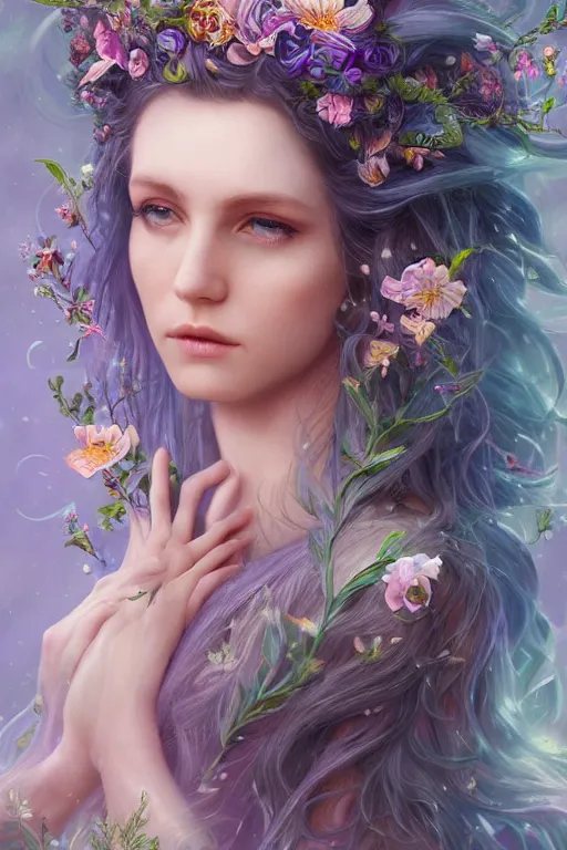 Image similar to a portrait of a beautiful elvish goddess with beautiful flowers composition in her hairs, hairs shining , fairy-like , 8k, highly detailed, sharp focus, ethereal clothes, astral environment, in style of Anna Dittmann and Mark Arial and Artgerm and Gerald Brom