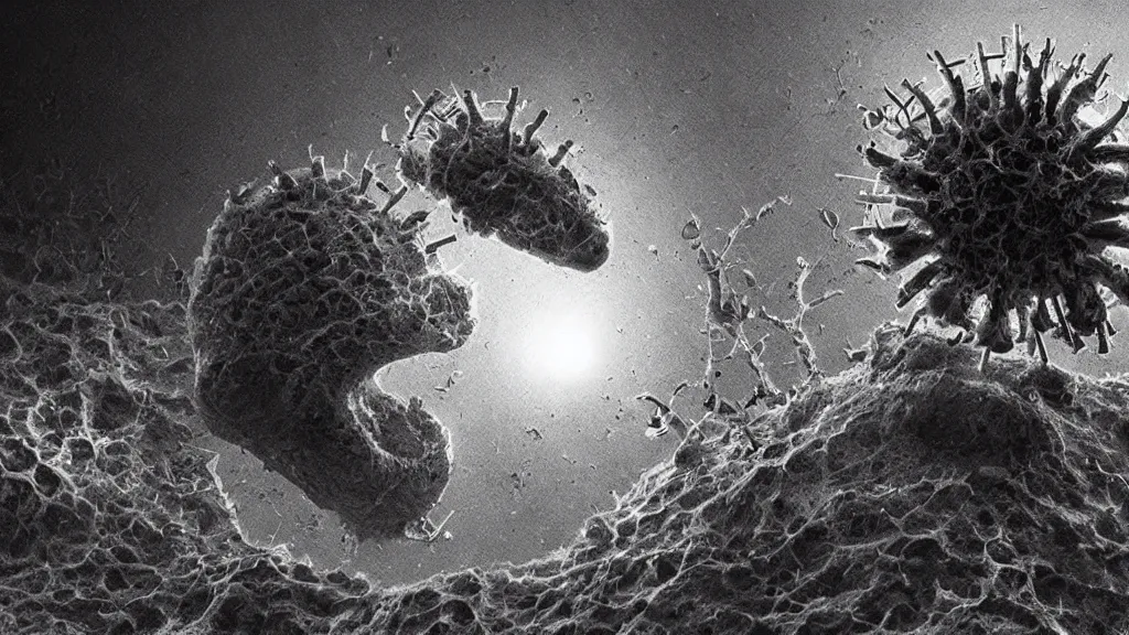 Image similar to a beautiful microscopic scientific photo of a coronavirus and a strange life form seen through an electron microscope, dark, sinister, detailed, art by Greg Rutkowski