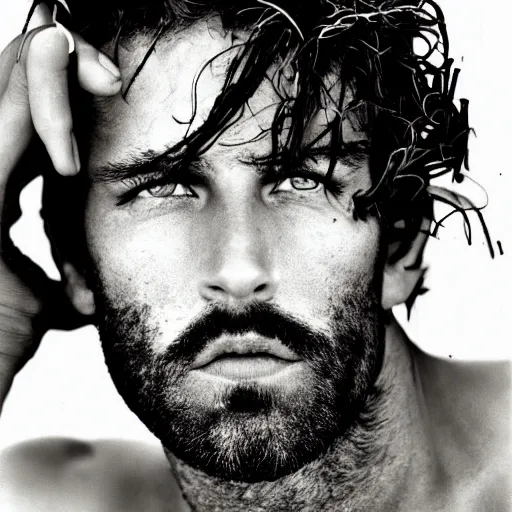 Image similar to a beautiful professional photograph by herb ritts and ellen von unwerth for vogue magazine of a handsome and rugged man looking at the camera with an ambiguous gaze, zeiss 5 0 mm f 1. 8 lens