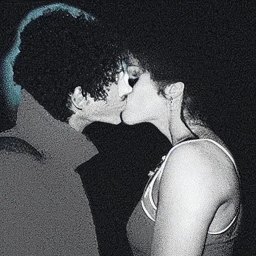 Prompt: a night - vision photo of prince kissing a woman in low light. it's so dark, you can barely make out their features.