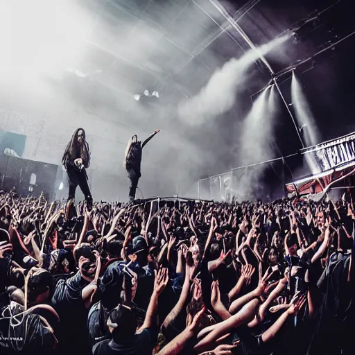 Image similar to lorna shore taking the stage at the hugest festival in the world, giant death wall, award winning photo