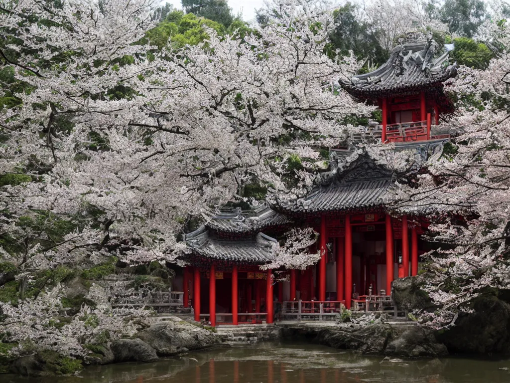 Image similar to a mysterious chinese temple in the deep forest, surrounded by many peach blossoms, a clear stream flowing through, 8 k