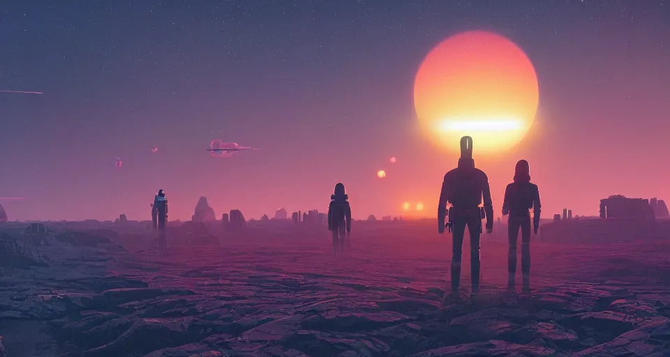 Image similar to Double Sunset on a mechanical planet, large twin sunset, cinematic, rendered by simon stålenhag, rendered by Beeple, Makoto Shinkai, syd meade, star wars, inspired by Gundam, environment concept, digital art, unreal engine, 3 point perspective, WLOP, trending on artstation, low level, 4K UHD image, octane render,