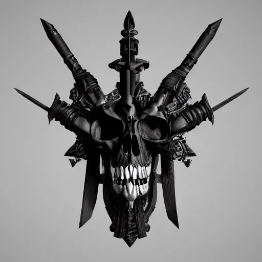 Image similar to a black sword skull crest, ornament, weapon, a 3 d render by dom qwek, studio lighting, front side view, trending on polycount, hard surface modeling, rendered in maya, 3 ds max, blender, artstation hd, vray