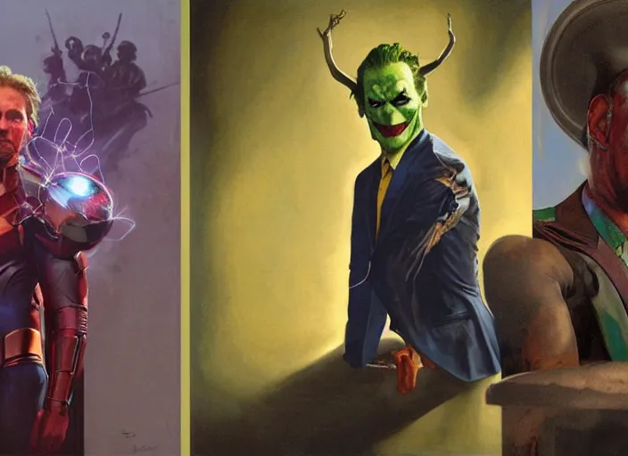 Image similar to a still from the movie avengers : infinty war, a still from the film joker in style of francis bacon and norman rockwell and james jean, a still from the movie the godfather, and mark brooks, triadic color scheme, by greg rutkowski, syd mead and edward hopper and norman rockwell and beksinski, dark surrealism