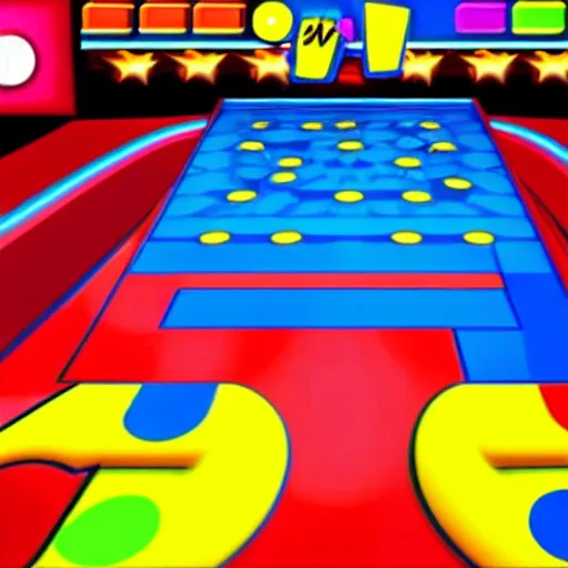 Image similar to a screenshot from the game Pac-Man, first-person view