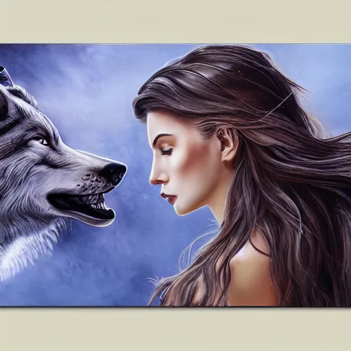 Image similar to a side view of a beautiful woman, long flowing hair, facing a wolf, side view, with nature elements throughout, canvas painting, highly detailed, art by dimitra milan.