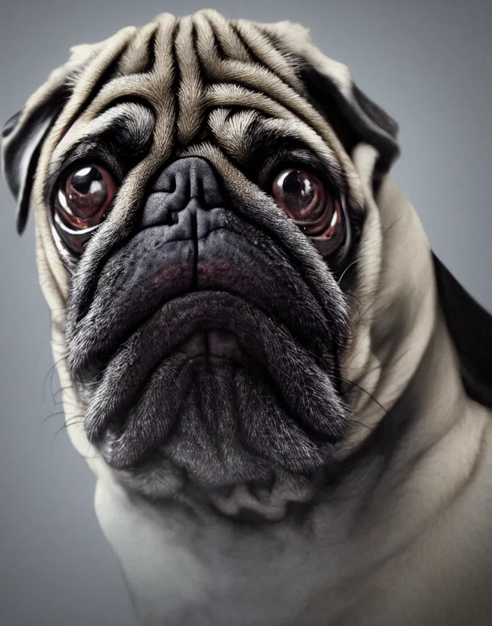 Image similar to a pug and with a paint mask intricate artwork by artstation. octane render, cinematic, hyper realism, 8k, depth of field.