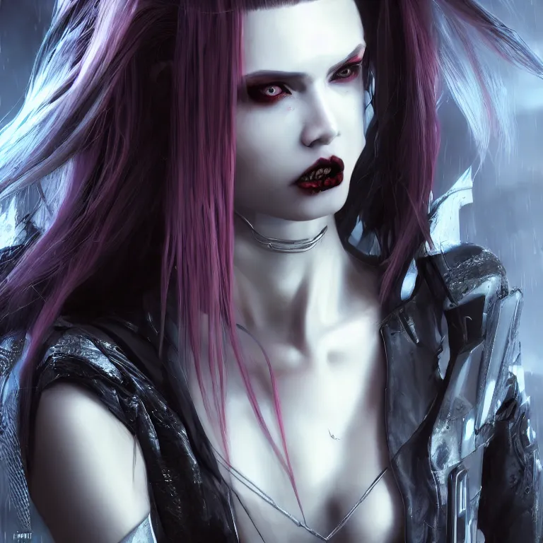 Image similar to cyberpunk female vampire, with brilliant silver flowing hair, concept art by jama jurabaev, cinematic shot, trending on artstation, hybrid from the elden ring and art direction by darius zawadzki ; by artgerm ; wayne reynolds art station ; cinematic quality character render ; low angle ; ultra high quality model ; production quality cinema model