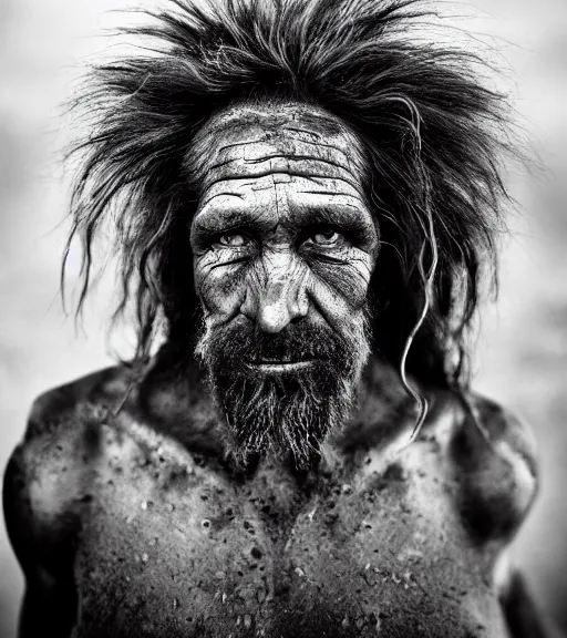 Image similar to Award winning reportage photo of prehistoric Cavepersons with incredible insane hair and beautiful hyper-detailed eyes wearing traditional garb by Lee Jeffries, 85mm ND 5, perfect lighting, gelatin silver process