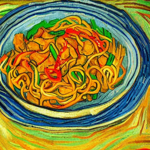 Image similar to painting of chicken lo mein, spicy, by vincent van gogh