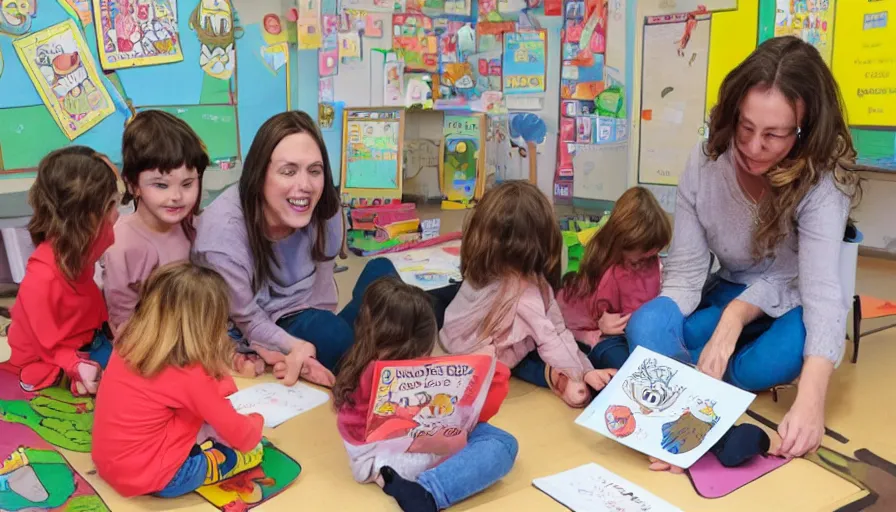 Prompt: kindergarten teacher reading a megg, mogg and owl book to 4 children