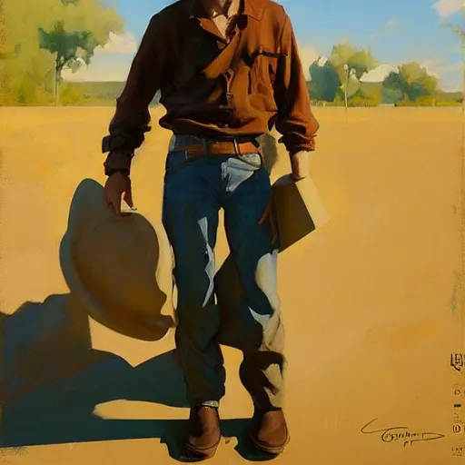 Prompt: greg manchess painting of a sad cowboy, medium shot, asymmetrical, profile picture, organic painting, sunny day, matte painting, bold shapes, hard edges, street art, trending on artstation, by huang guangjian and gil elvgren and sachin teng