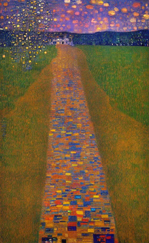 Image similar to paperback book cover by klimt. pure colors, melting clouds, accurately drawn details, a sunburst above a receding road with the light reflected in furrows and ruts, after rain. photorealistic. cinematic. trending on artstation. textless.