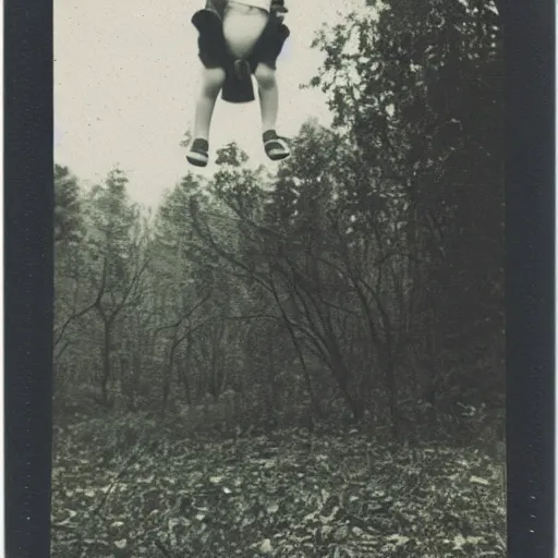 Prompt: Polaroid photo of Victorian child floating up in the air, in the clearing of a forest