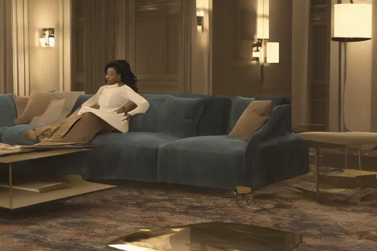 Image similar to a cinematic still from oprah couch, (tom cruise!!!!!), tomcruise!!!, ((octane render, nvidia raytracing demo))