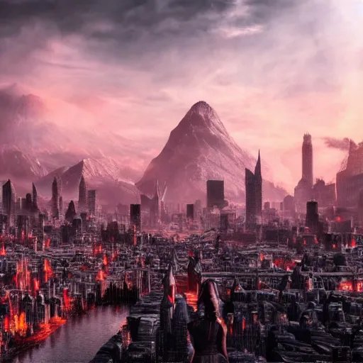 Prompt: mordor as a bustling city, highly detailed, sharp focus, skyline, vast, 4 k, fantasy