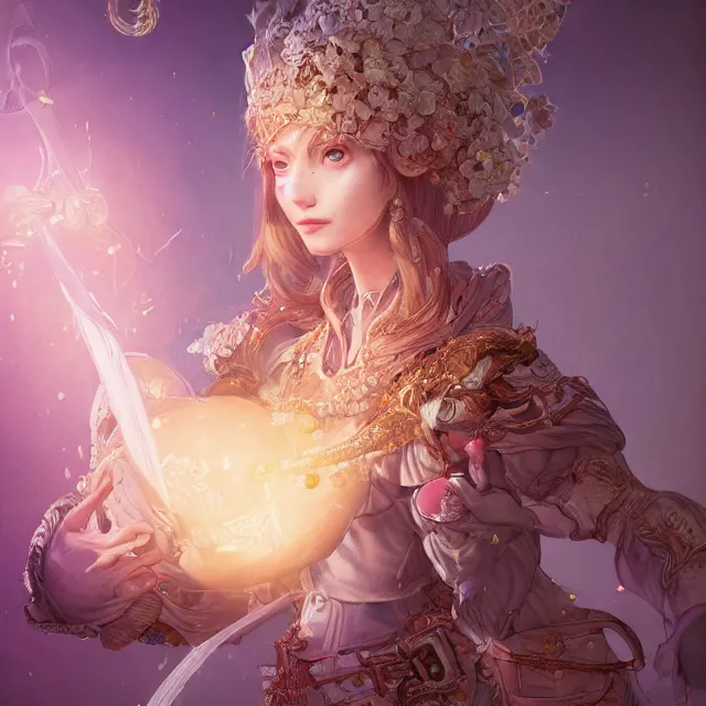 Image similar to studio portrait of neutral good colorful female cleric bard healer as absurdly beautiful, gorgeous, elegant, young woman, an ultrafine hyperdetailed illustration by kim jung gi, irakli nadar, intricate linework, sharp focus, bright colors, octopath traveler, final fantasy, unreal engine 5 highly rendered, global illumination, radiant light, detailed and intricate environment