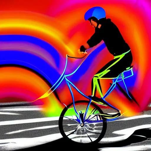 Image similar to a person riding a rocket-powered bicycle, hyper color styled photograph