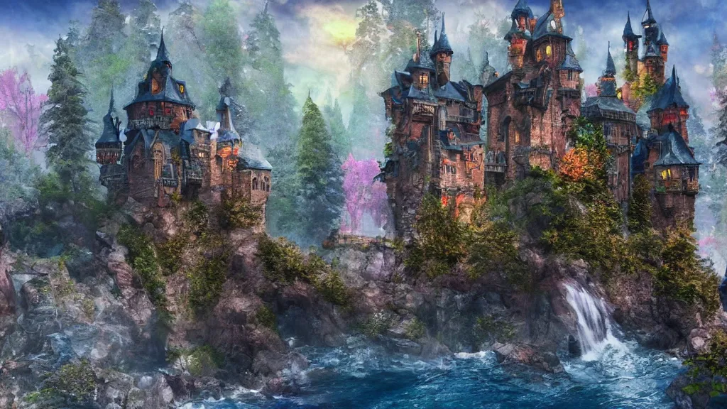 Prompt: fantasy castle, water color artwork, very very very beautiful scenery, hd, hdr, ue5, ue6, unreal engine 5, cinematic 4k wallpaper, 8k, ultra detailed, high resolution, artstation, award winning