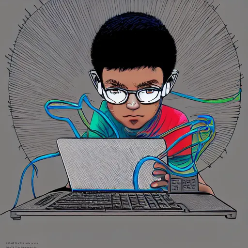 Image similar to illustration of a boy connected to his laptop with hundreds of wires, highly detailed, cel shading, by butcher billy, cgsociety, mcbess, rutkowski, james jean, 8 k, photorealistic