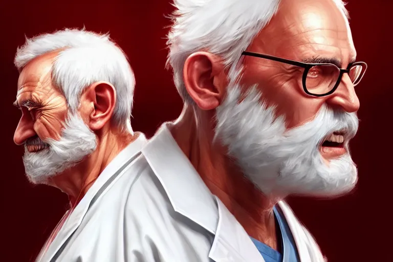 Image similar to a cute doctor in white coat and an old man with red t - shirt, cinematic, highly detailed, digital painting, artstation, concept art, matte, sharp focus, illustration, art by artgerm and greg rutkowski