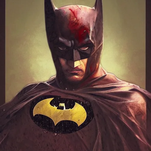 Image similar to portrait of Batman, bruised, bleeding, dirt, raining, intricate, headshot, highly detailed, digital painting, artstation, concept art, sharp focus, cinematic lighting, illustration, art by artgerm and greg rutkowski, alphonse mucha, cgsociety