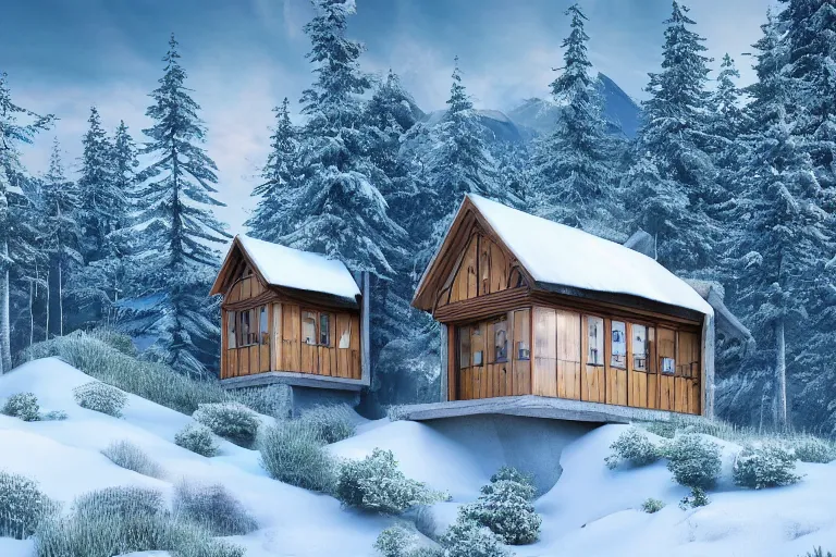 Image similar to futuristic cottage settlement with in the forest on the foot of the Elbrus mountain mountain covered by snow, architecture, matte painting, high details