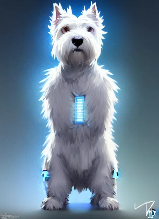 Image similar to a west highland white terrier, anime art style, wearing futuristic, led - lit armor, and a cannon mounted on his back, portrait, high detail, sharp focus, digital painting, artstation, concept art, art by hayao miyazaki and artgerm and greg rutkowski and alphonse mucha.