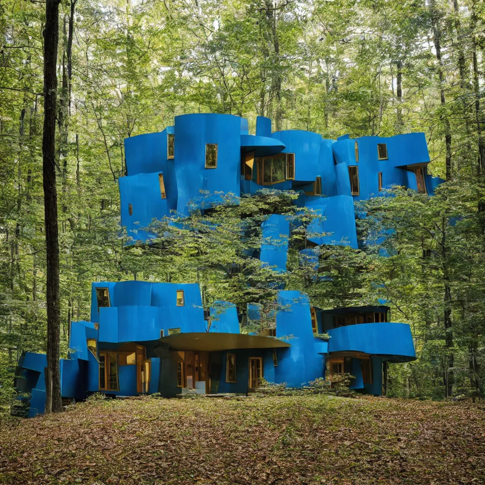 Image similar to architecture ad for a mid-century modern house in the middle of the forrest, designed by Frank Gehry. Film grain, cinematic, blue hue