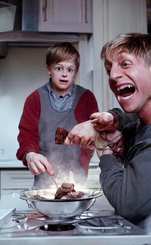 Prompt: kevin mccallister cooking harry and marv for dinner, photorealistic, realistic, detailed, hyperrealistic, 8 k, hdr, high quality, high resolution, lossless quality