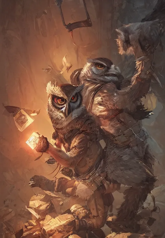 Prompt: graphic novel about grumpy owl mercenary fighting with rat barbarians, colourful, by by artgerm and greg rutkowski and ruan jia