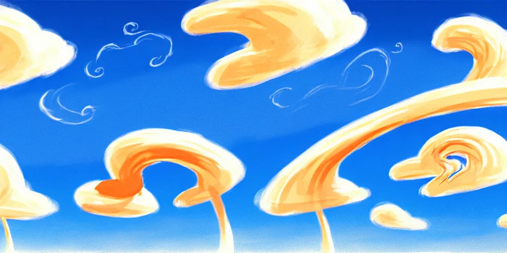 Prompt: cartoon concept art, clean blue sky, spiral clouds, from dr. seuss