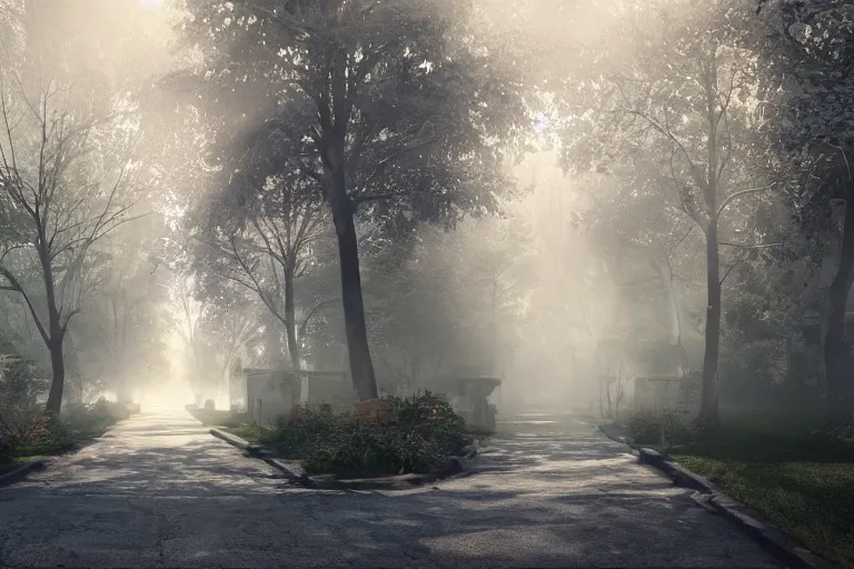 Image similar to street both sides lined with haunted houses, photo realistic octane render, volumetric lighting, magic fog, sunlight through the trees cinematic, hyperrealistic, fog, cinematic lighting, volumetric lighting, tranquillity, hyper detailed, enhanced hd, ultra view, 8 k