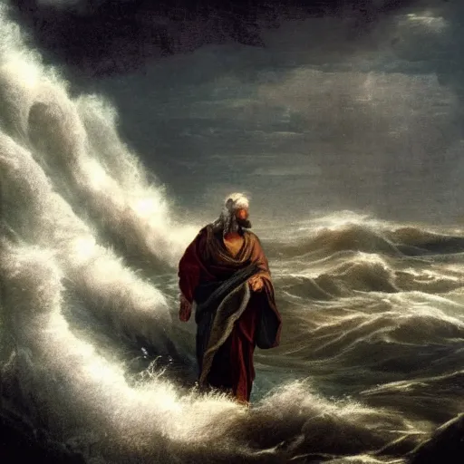 Image similar to a photo of moses with his arms wide, splitting the sea, big water walls creating a pathway to cross the sea, beautiful scenery, cinematic