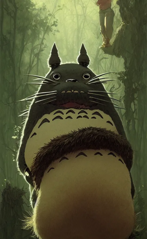 Image similar to a detailed portrait of totoro but with human skin, concept art, deep focus, fantasy, intricate, highly detailed, digital painting, artstation, matte, sharp focus, illustration, art by greg rutkowski and alphonse mucha