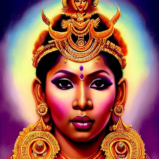 Image similar to majestic gracious deity nicki minaj dressed as a stunning hindu goddess, stunning portrait, ancient greece, elysium, atmospheric lighting, painted, intricate, volumetric lighting, beautiful, rich deep colours masterpiece, golden hour, sharp focus, ultra detailed, by leesha hannigan, ross tran, thierry doizon, kai carpenter, ignacio fernandez rios