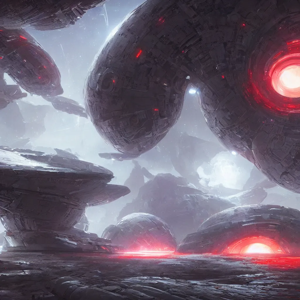 Image similar to scifi portal entrance, dyson sphere program white and red planet, concept art, by greg rutkowski, xray melting colors
